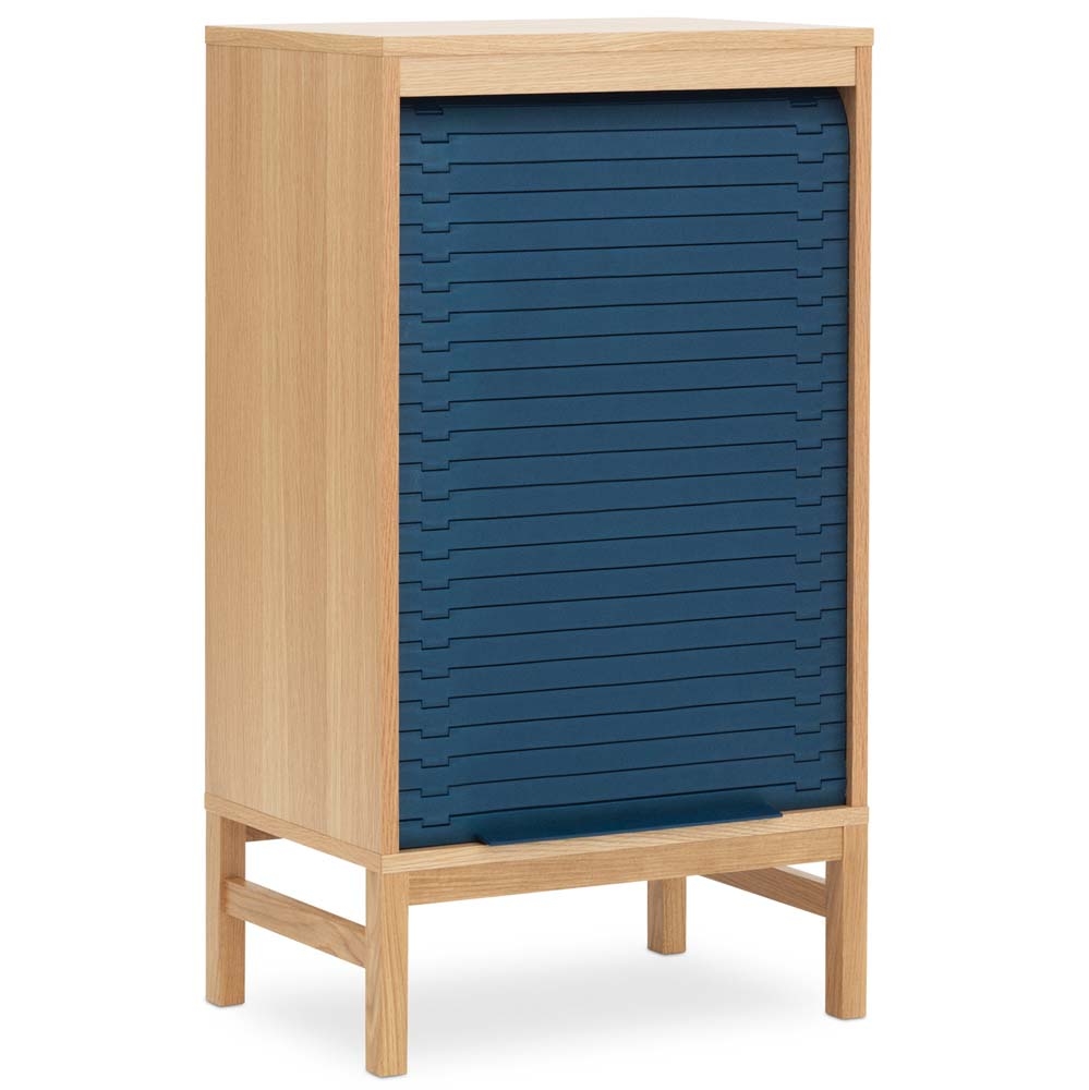 Normann Copenhagen – Jalousi Low Cabinet – Dark Blue – Blue / Brown – Oaked MDF / Lacquered Solid Oak / Plastic  – 101.5cm x 55cm x 40cm