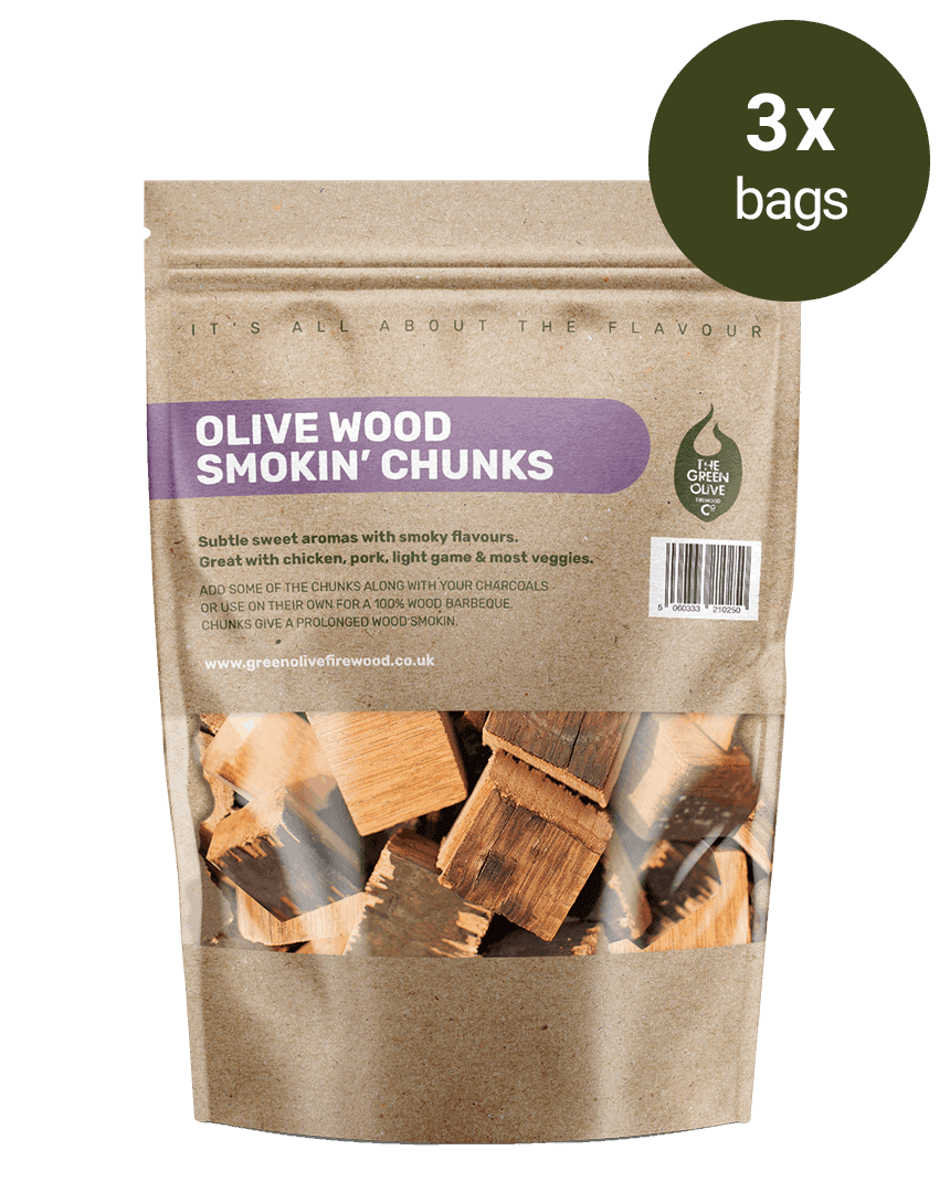Olive Wood Smokin’ Chunks – 3 Packs – Smokin’ – Green Olive Firewood