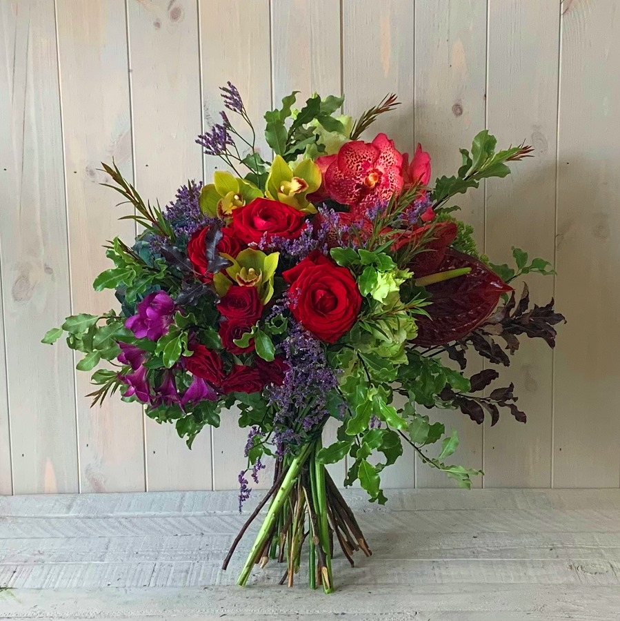 Orchid and Red Rose Bouquet Standard – Blooming Amazing