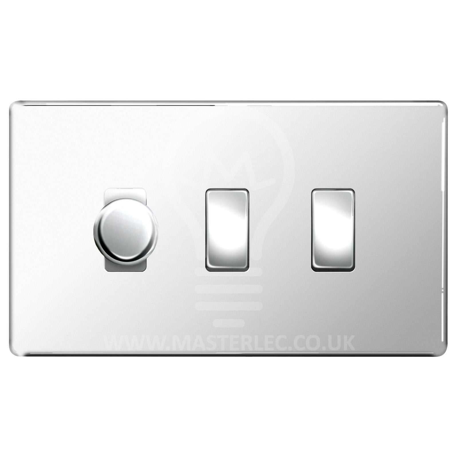 BG Polished Chrome Screwless Flat Plate 3 Gang Light Switch 1x Trailing Edge LED Dimmer 2x 2 Way Custom Switch – Masterlec
