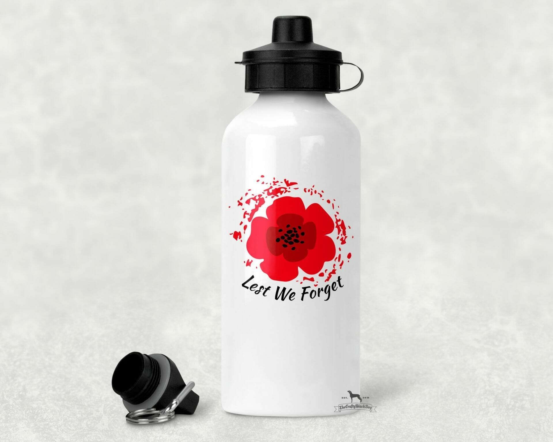 Lest We Forget – Aluminium Water Bottle – Remembrance – Crafty Black Dog