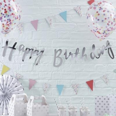 Ginger Ray – Silver Happy Birthday Banner Bunting – Silver – Party Supplies