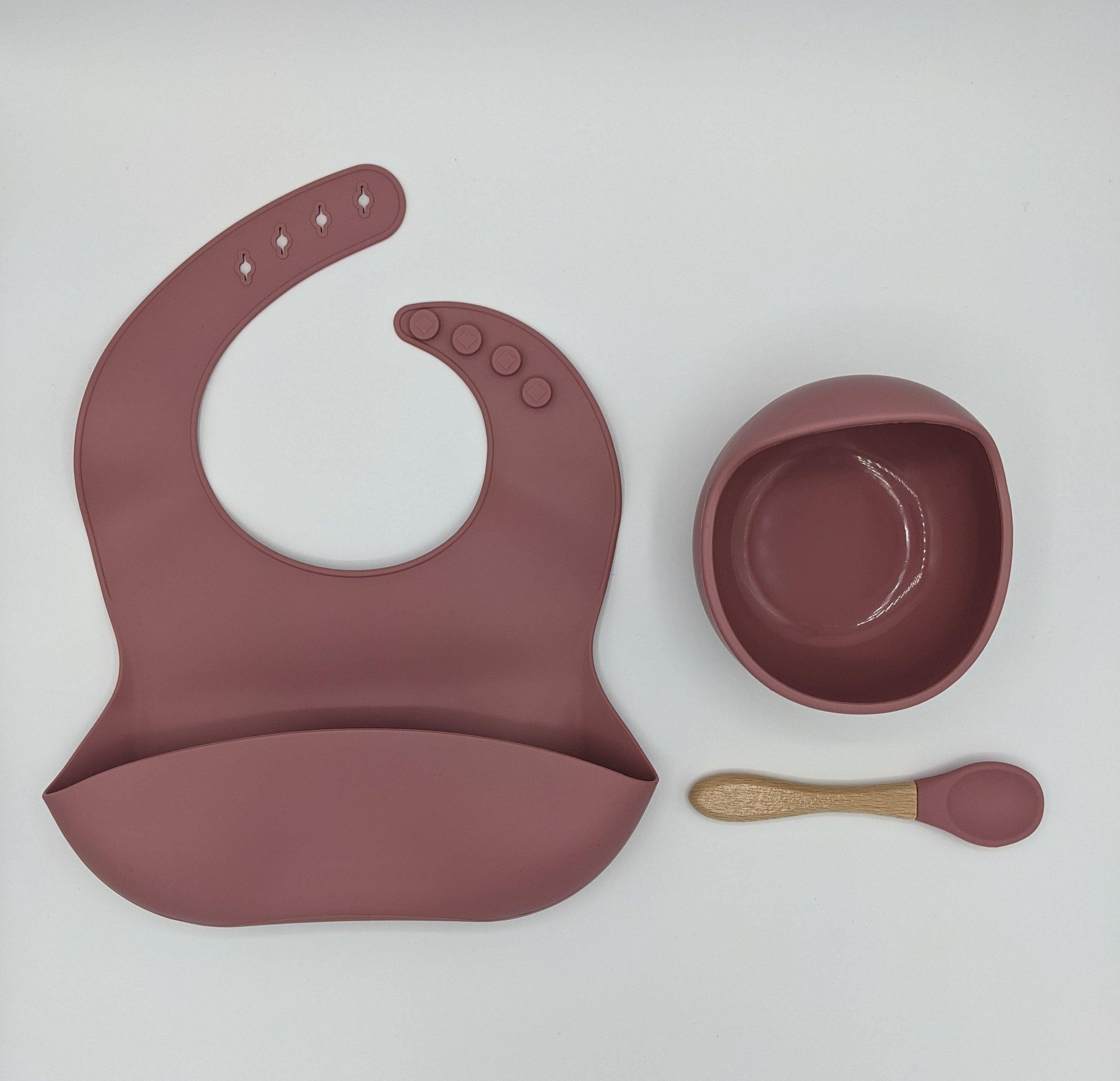 Silicone Suction Bowl, Bib Spoon Set (Wooden Spoon) Dusty Pink – Children’s Silicone Tableware – Tiny Roo