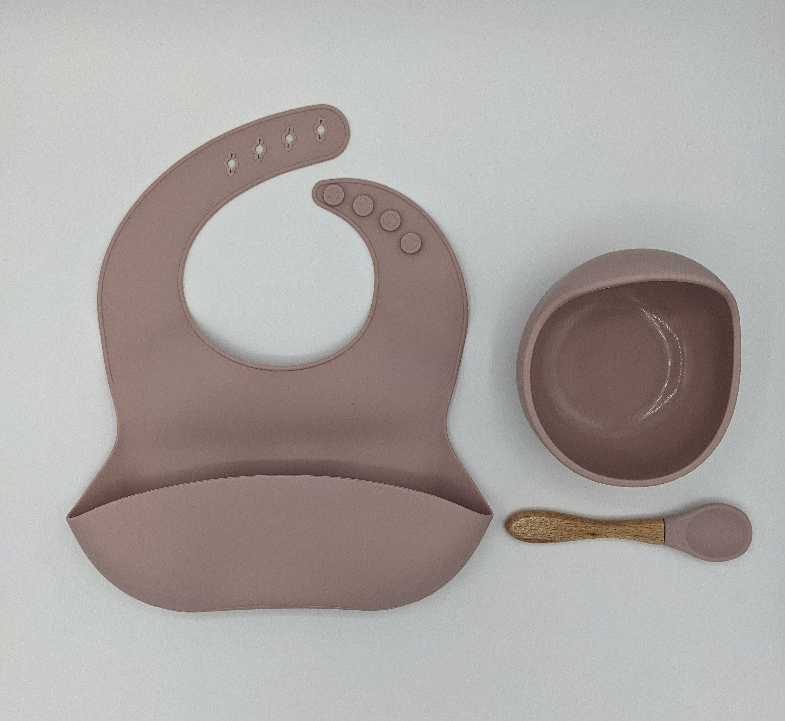 Silicone Suction Bowl, Bib Spoon Set (Wooden Spoon) Blush Pink – Children’s Silicone Tableware – Tiny Roo