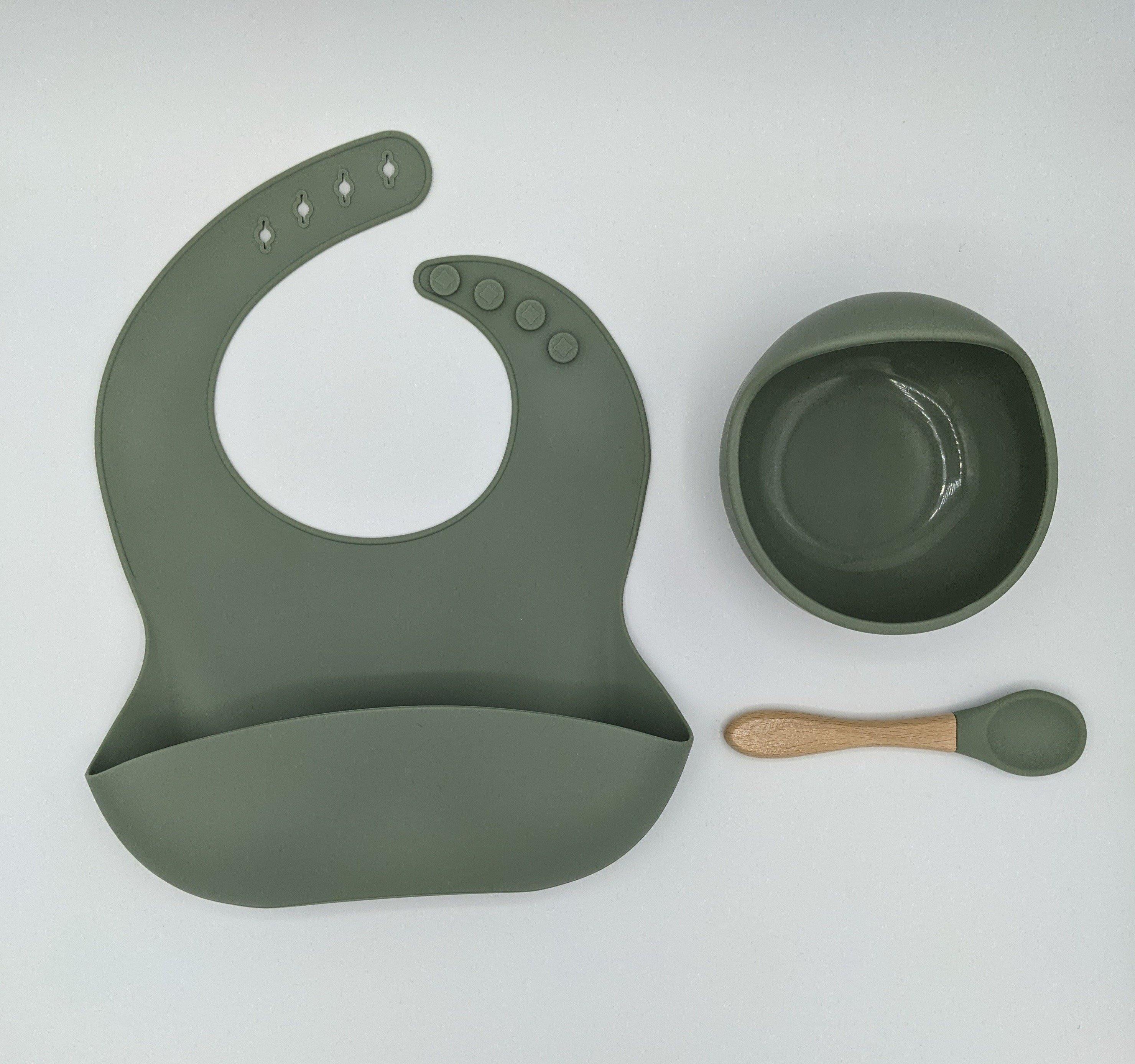 Silicone Suction Bowl, Bib Spoon Set (Wooden Spoon) Desert Sage – Children’s Silicone Tableware – Tiny Roo