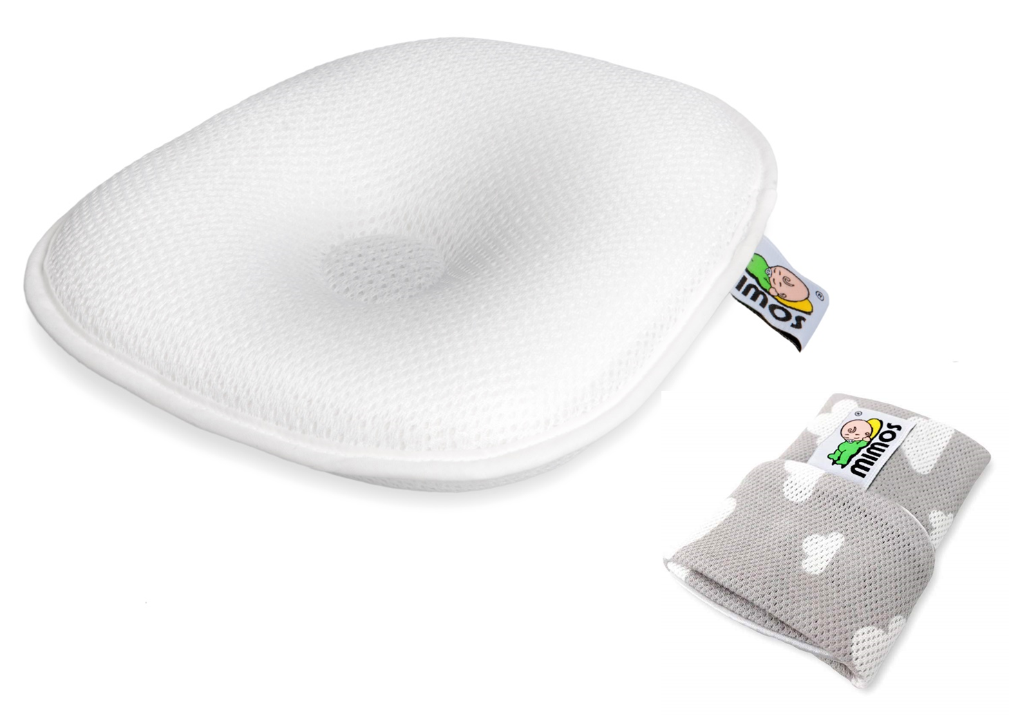 Mimos Pillow Bundle – 2 Items – Pillow and a Cover (Grey Cloud) P (Head Circumference between 36 and 46 cm, use in the Pram or Moses Basket)