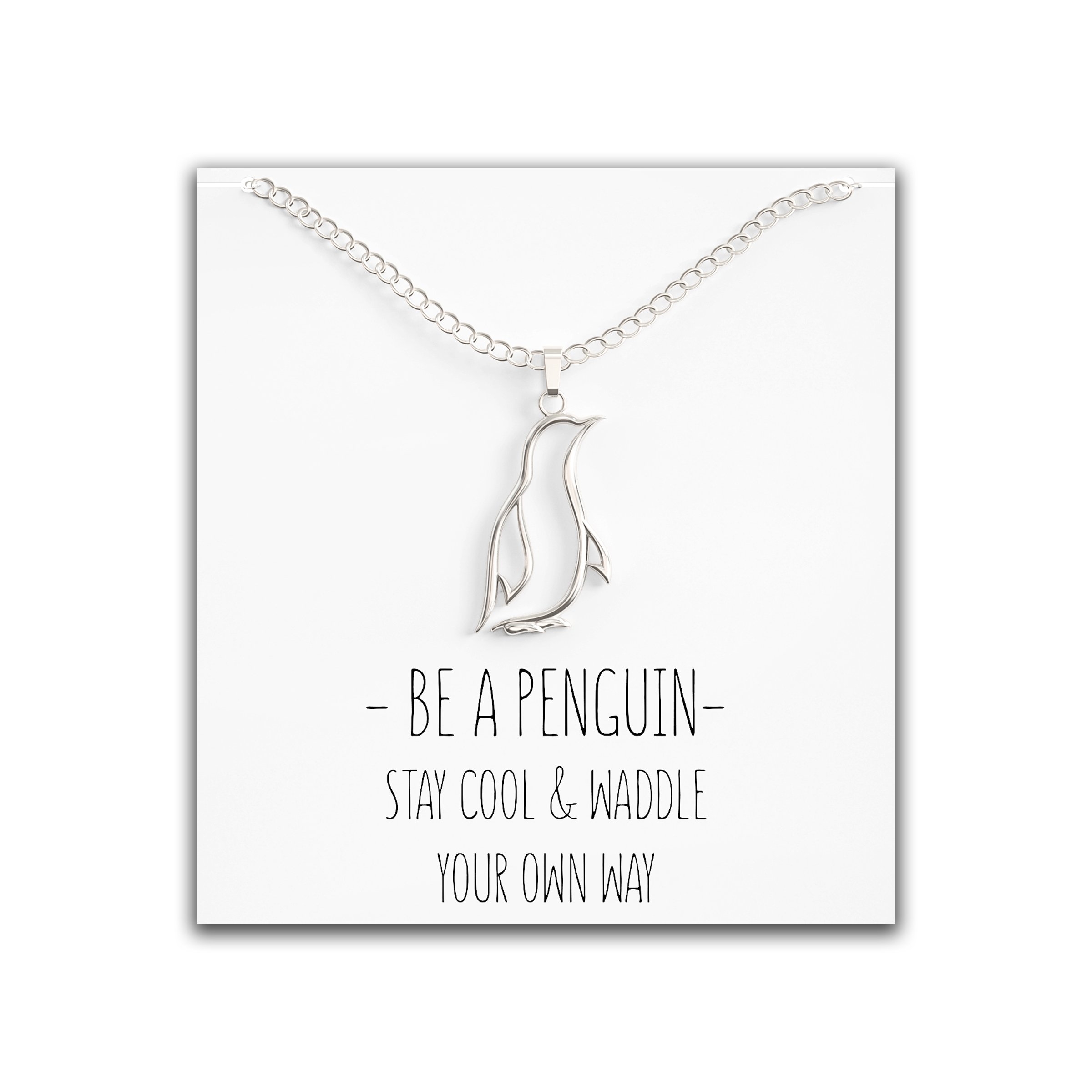 Penguin Necklace Gift – Cute Penguin Pendant – Charm Jewelry For Women, Girls & Kids – With Message Card Silver – Happy Kisses