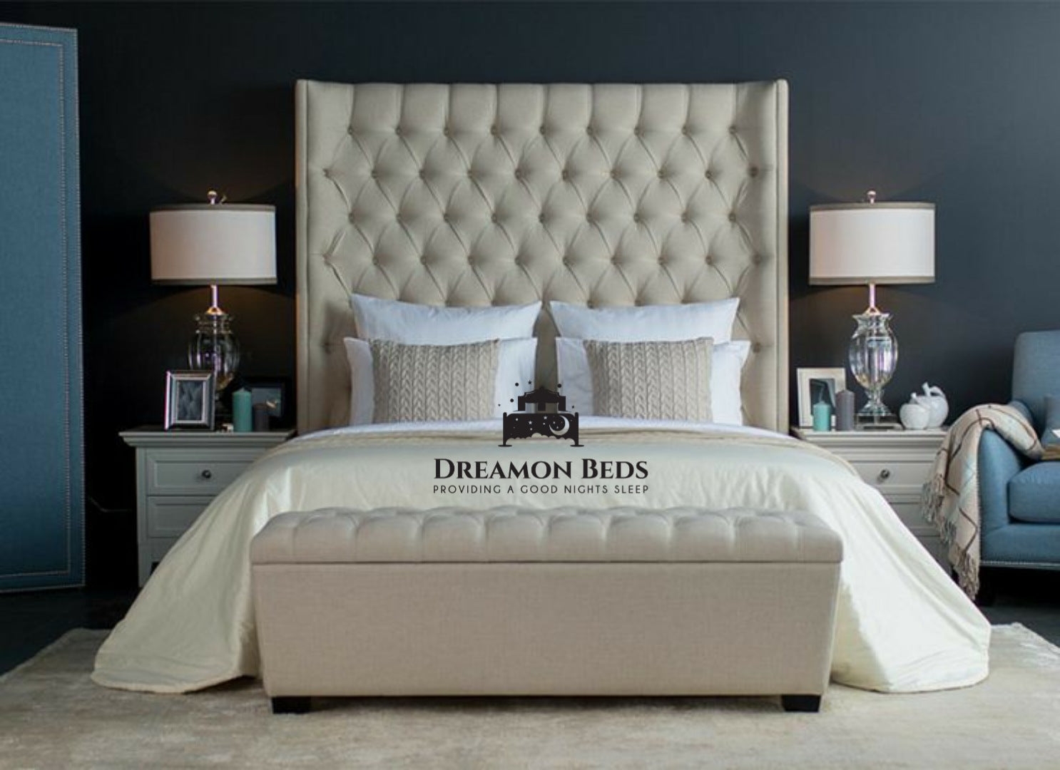 Carolina Wingback Bed Frame Available With Ottoman Or Divan Storage – Default Title – Choice Of 25 Colours With Varying Materials – Dreamon Beds