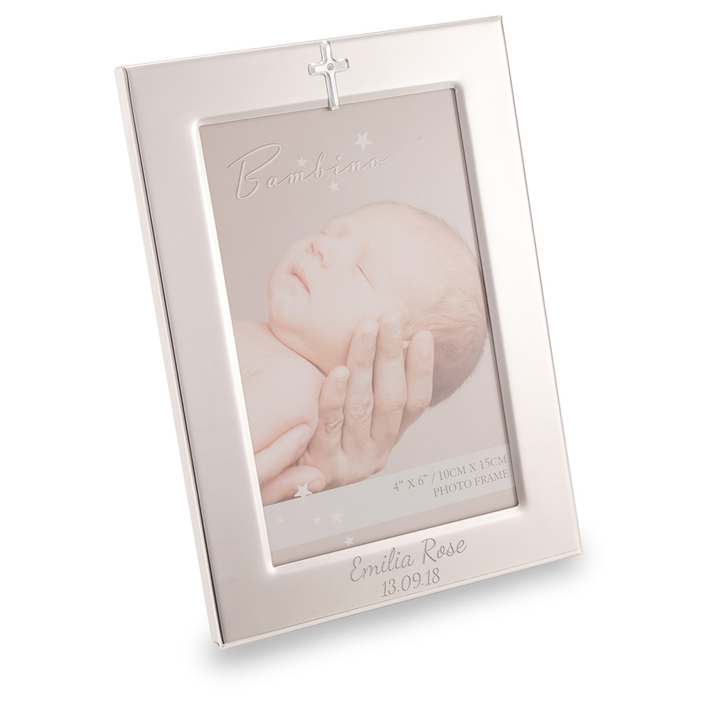 4″ x 6′ Silver Photo Frame With Christian Cross Birth / Christening / Baby