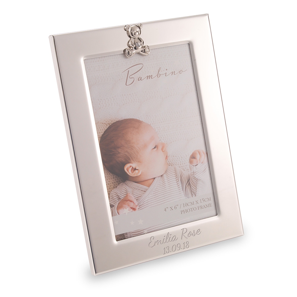 4″ x 6′ Silver Photo Frame With Teddy Design Birth / Christening / Baby