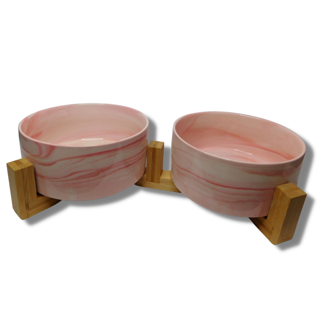 Marble Ceramic Dog bowl with wooden stand – Pink – Paws N Co