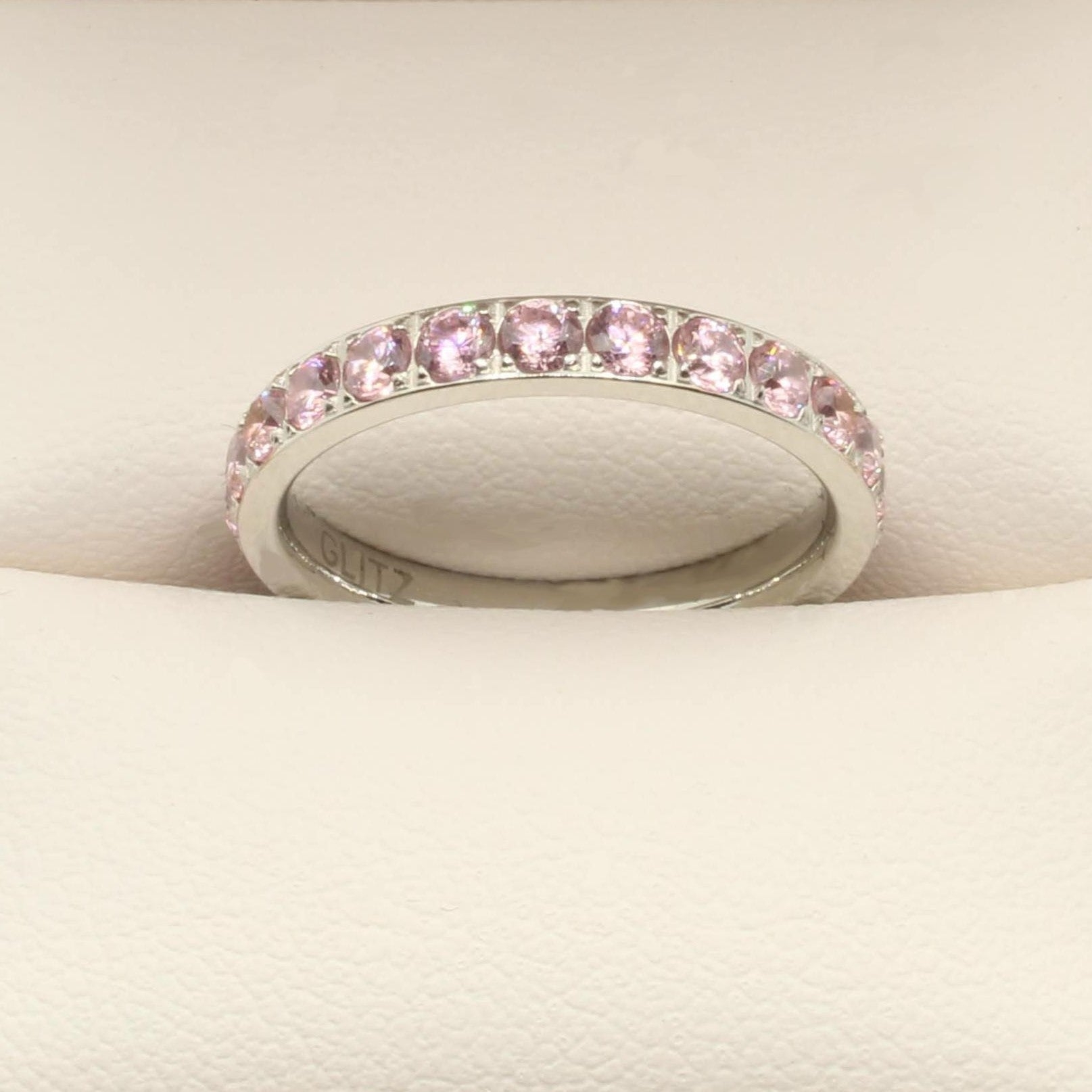 Sparkling Ladies Titanium 3mm Light Pink On White Gold Zircon Glitz Ring UK P / US 7.5 – Rock Solid Rings