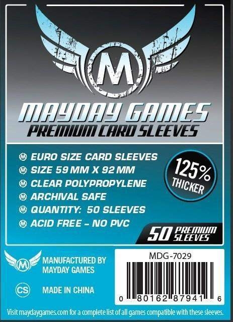 50 x Mayday Games Premium Clear Euro Card Sleeves (59mm x 92mm) – Red Rock Games