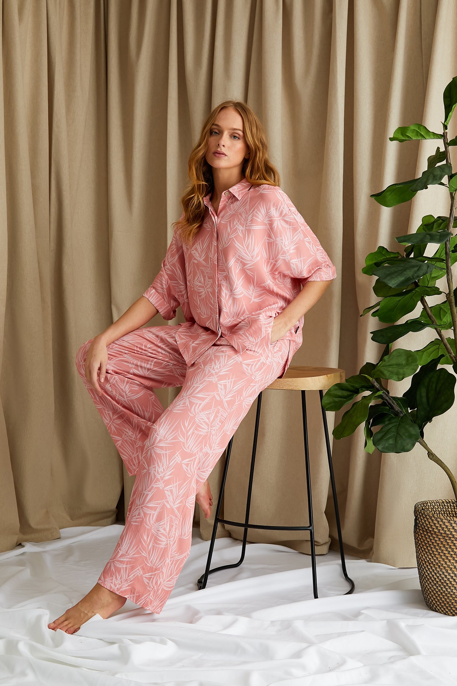Printed Studio Long Pyjama Set in Coral Pink UK 10 / Coral Pink