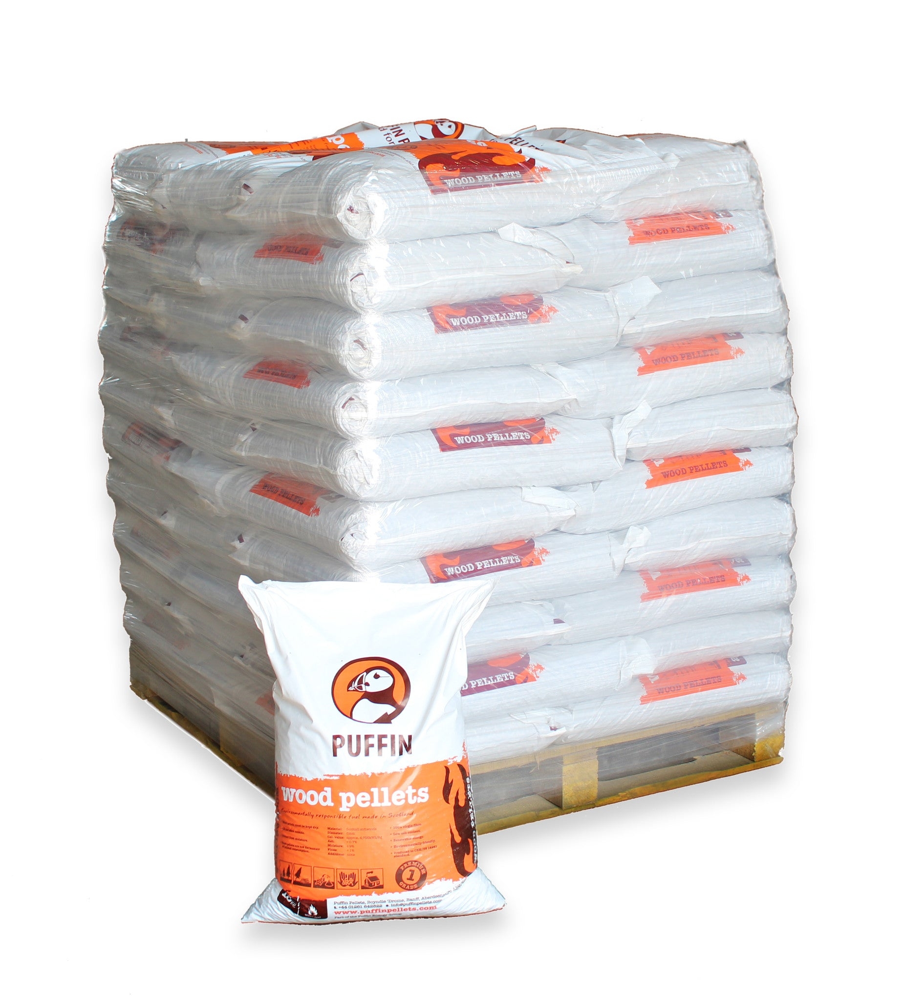 Puffin Pellets ENplus Fuel Pellets, Full pallet – 50 x 20kg (1000kg) – Puffin Wood Fuels