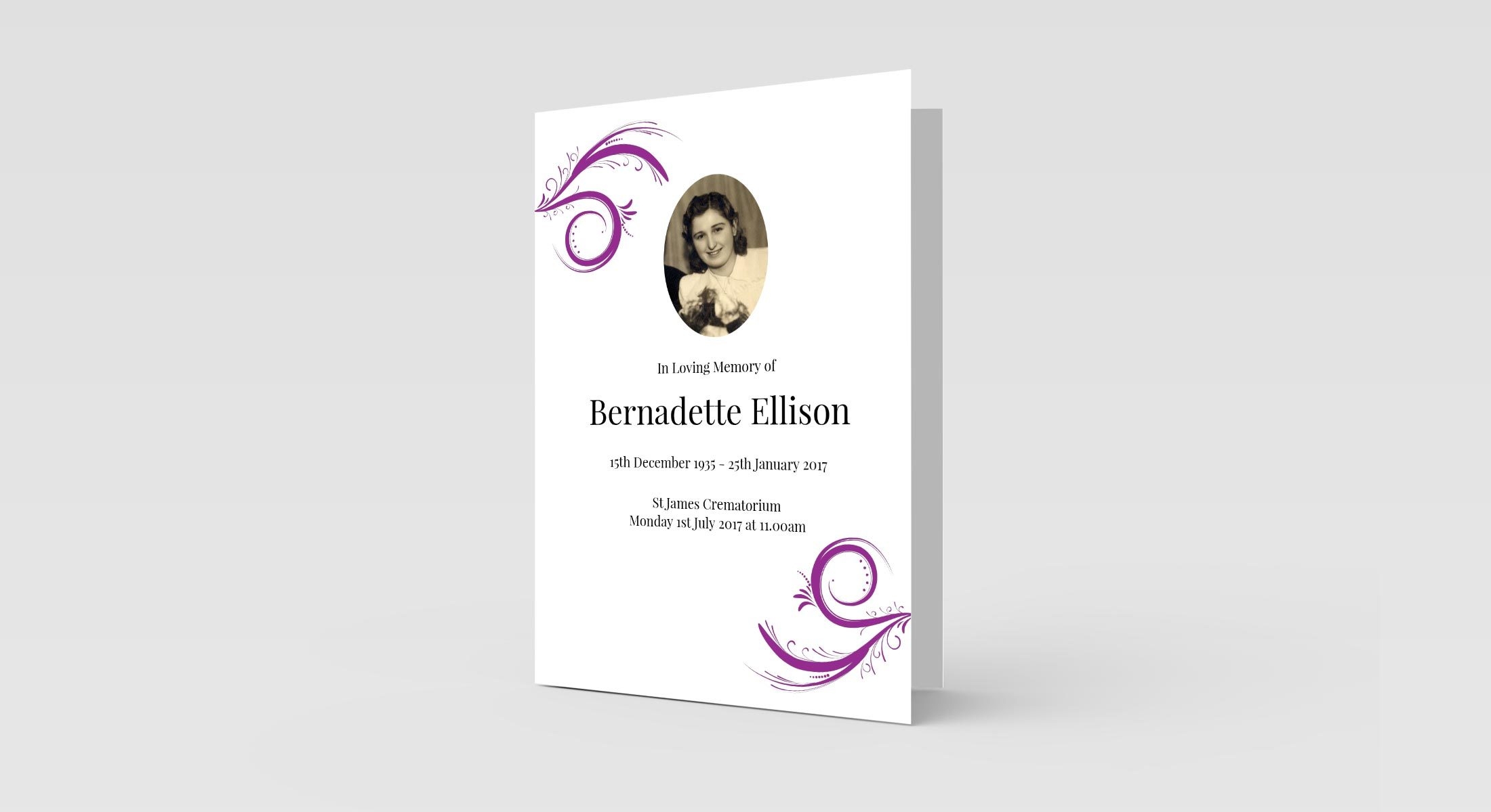 Funeral Order Of Service – Purple Flower Scrolls Personalised Design – High Quality Print – Heavy 300g Card – Qty (10x) – Memorial Booklet