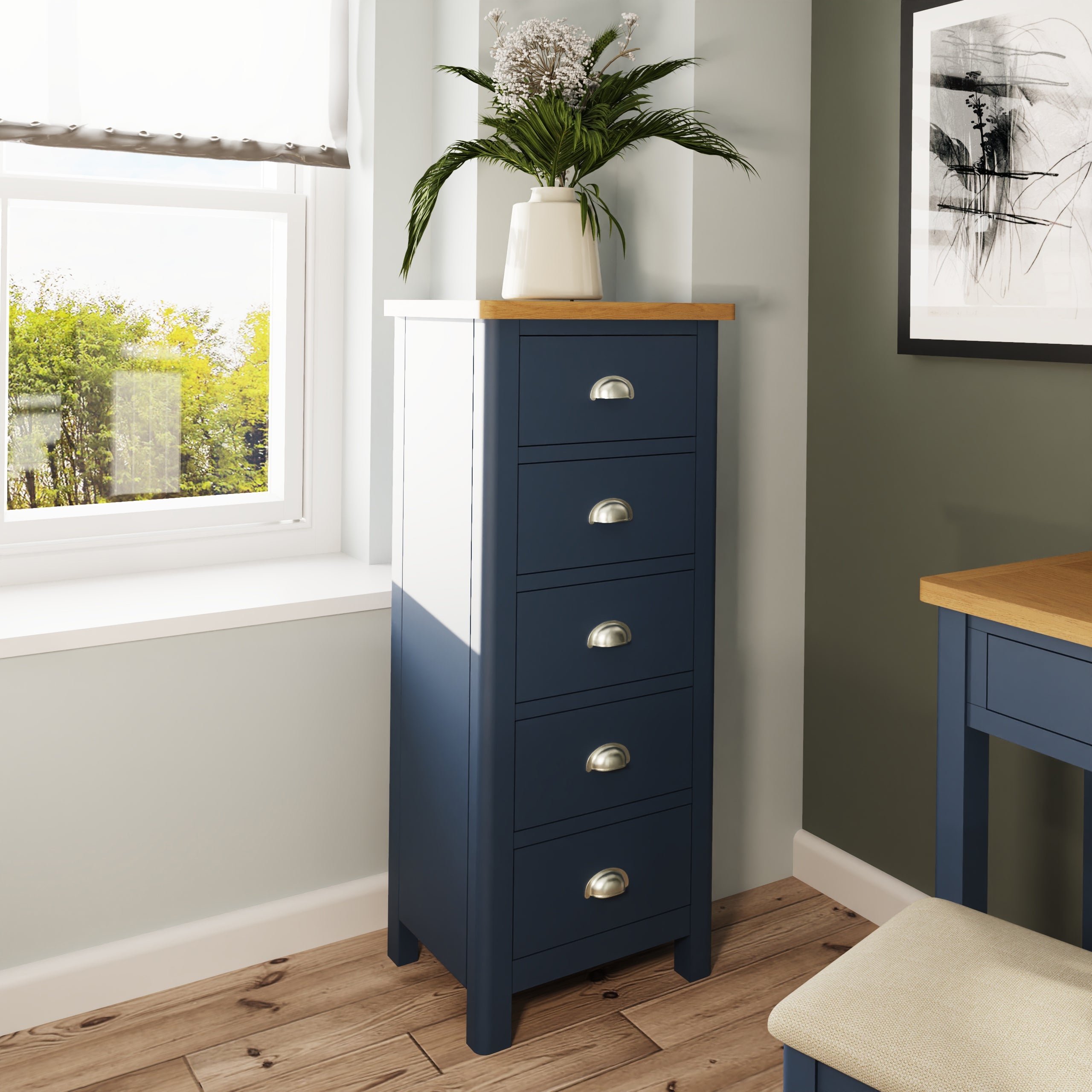 RA Bedroom Blue – 5 Drawer Narrow Chest of Drawers – Essentials