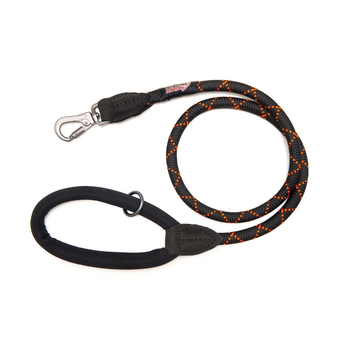 Comfort Padded Rope Leash (Mark 1) – Locking Clip – Dog Lead 110cm – 44in – Black with Orange Stripe – Unisex – Long Paws
