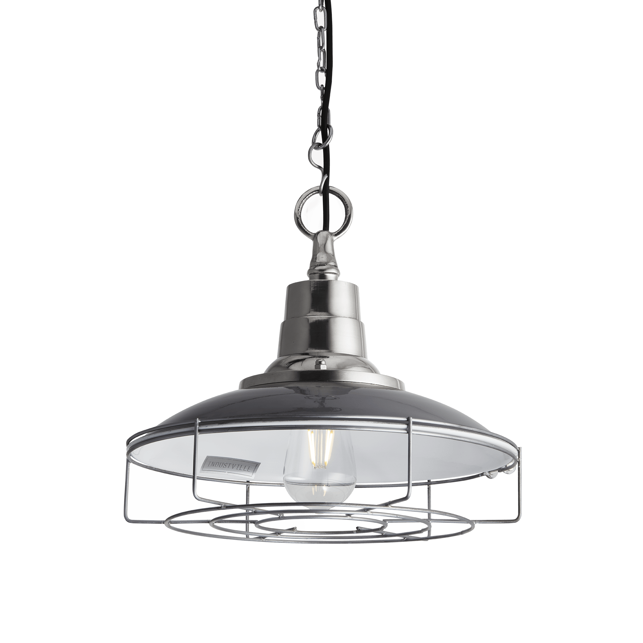 Industville – Retro Enamel Pendant – 14 Inch – Light Grey – Ceiling Light – Light Shade – Chrome / Silver / White Colour – Iron / Brass / Aluminium Material – 38 CM X 38.5 CM X 38.5 CM