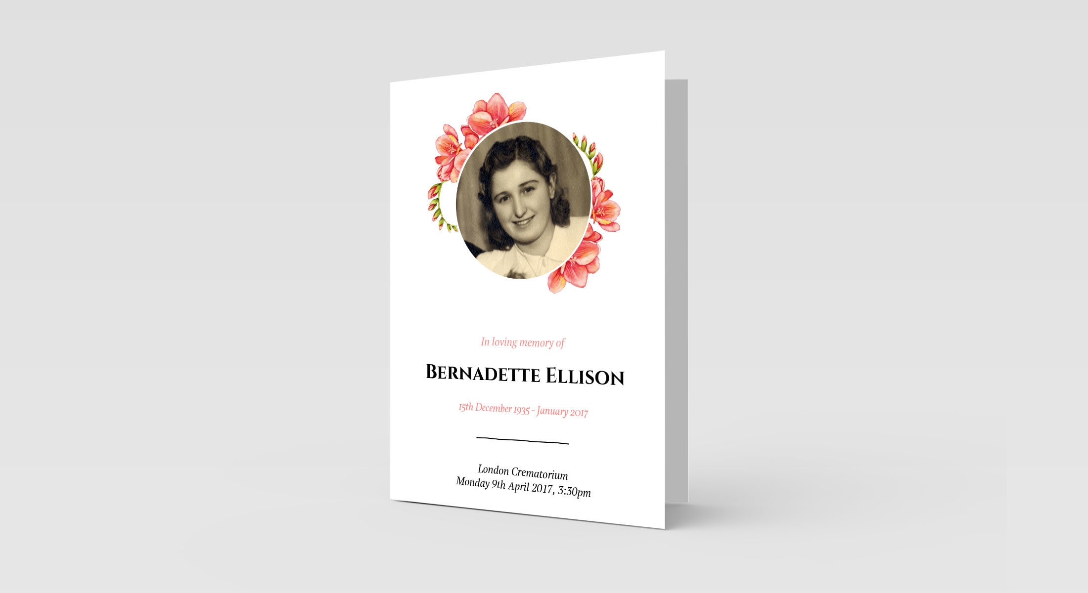 Funeral Order Of Service – Red Florals & Circle Photo Personalised Design – High Quality Print – Heavy 300g Card – Qty (10x) – Memorial Booklet