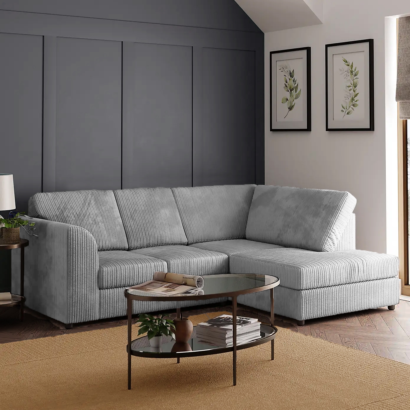Oxford Silver Cord Fullback Corner Sofa – Right Hand Facing – The Online Sofa Shop