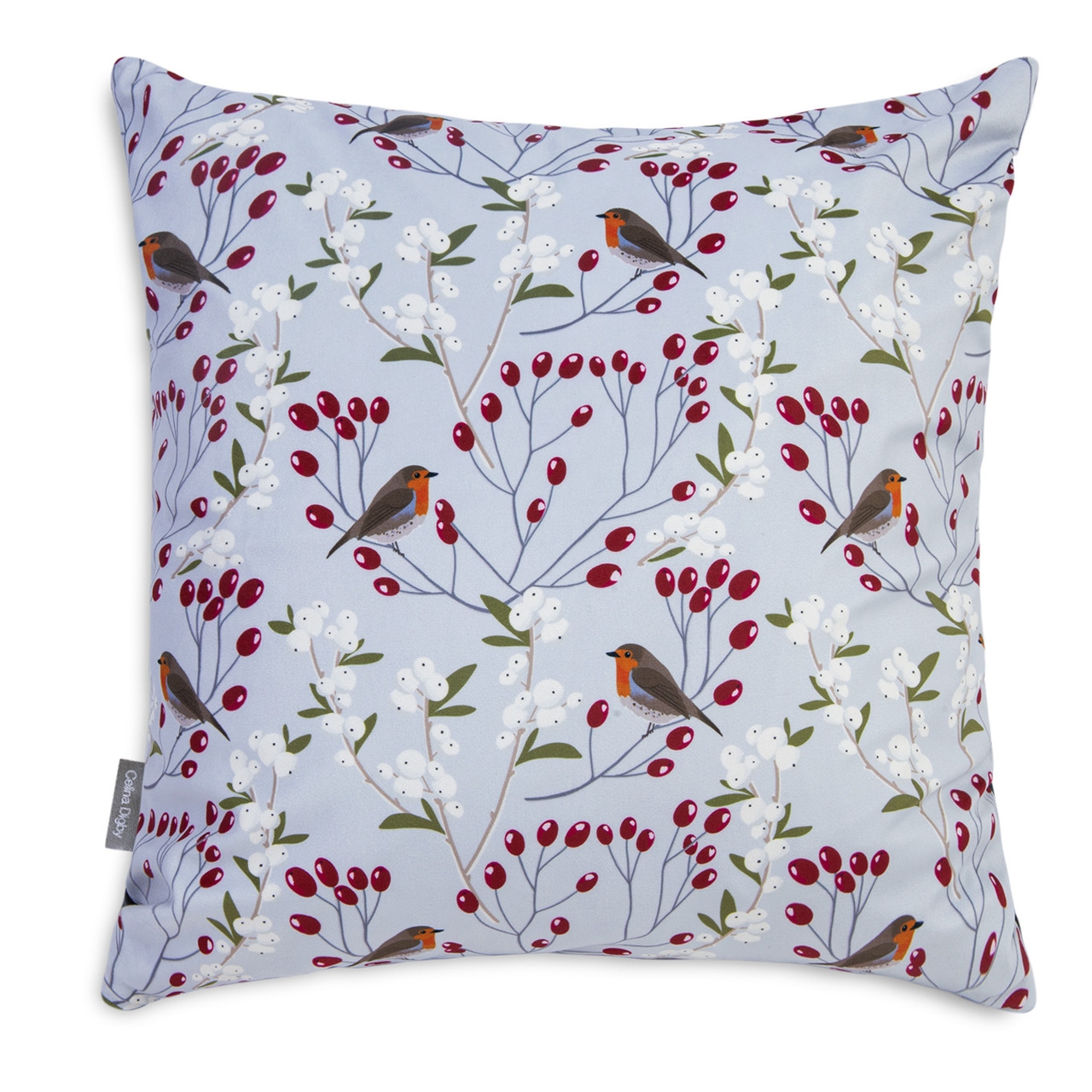 Celina Digby Luxury Christmas Velvet Cushion – Robin & Berries Light Grey Available in 2 Sizes Extra Large (55cm) Feather Filling