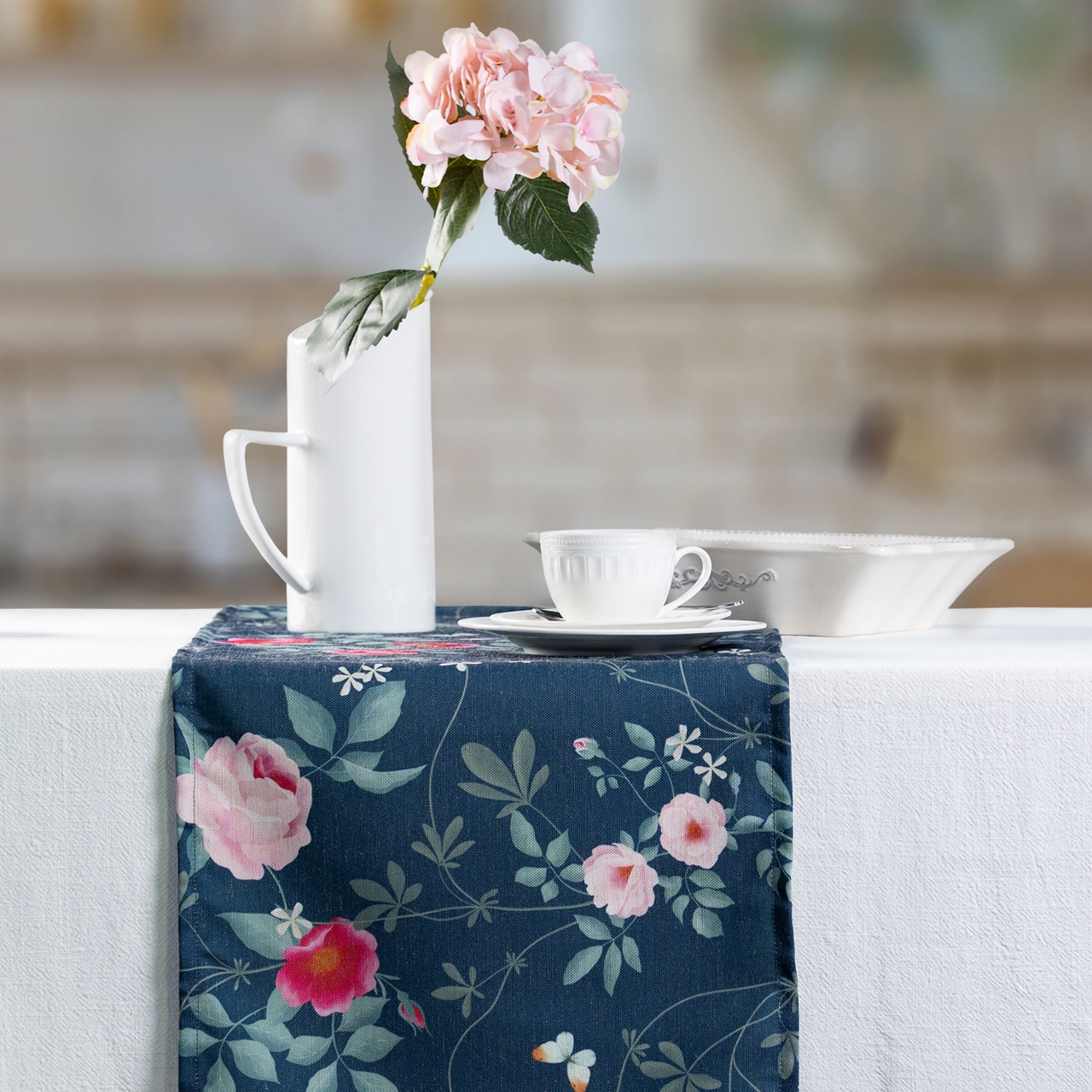 Celina Digby Luxury Eco-Friendly Recycled Linen-Like Fabric Table Runner – Rose Garden Navy Available in 3 Sizes RUNNER 300 x 40cm