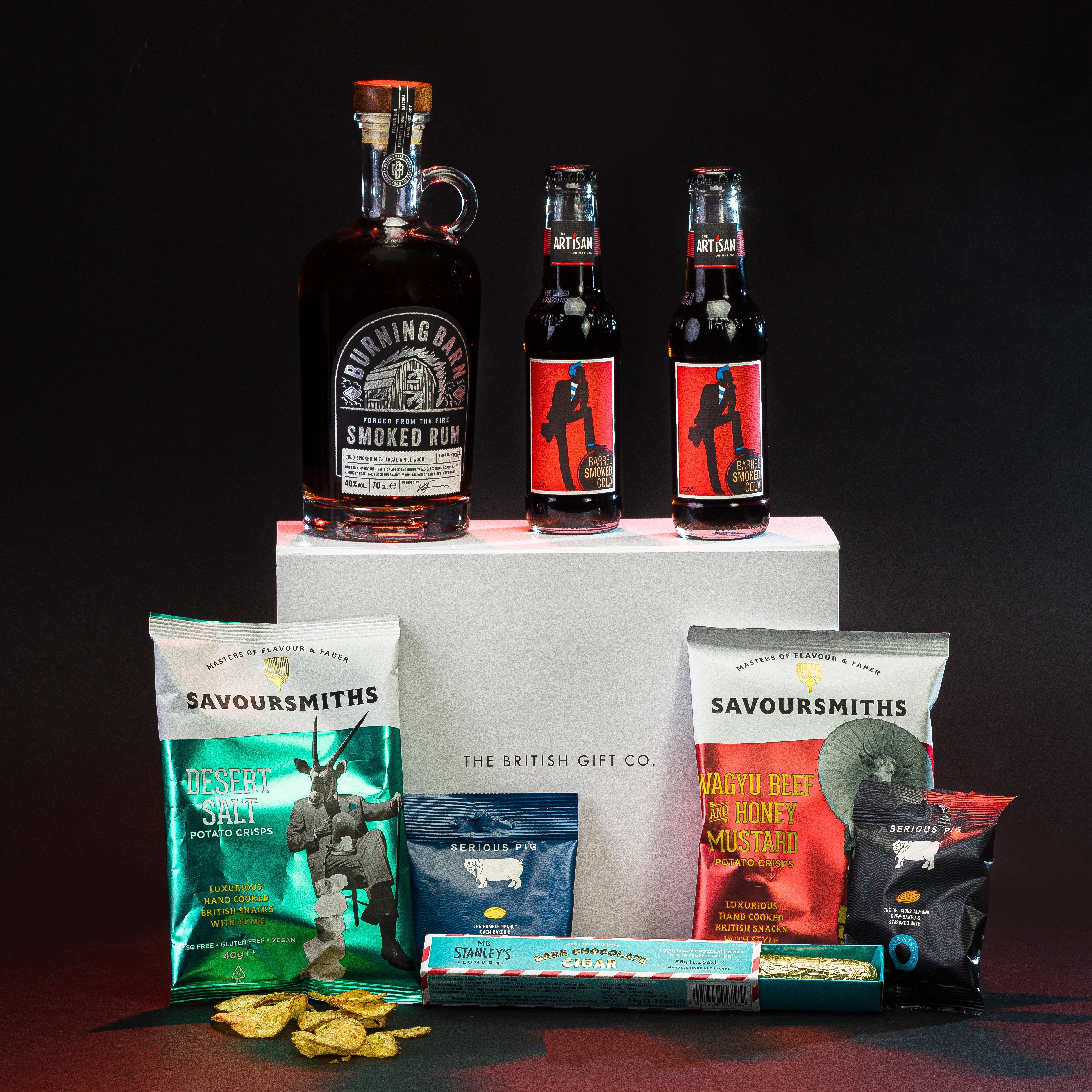 Rum Gift Set with Bar Snacks | Burning Barn Rum, Cola, Crisps & Nuts – The British Gift Co.