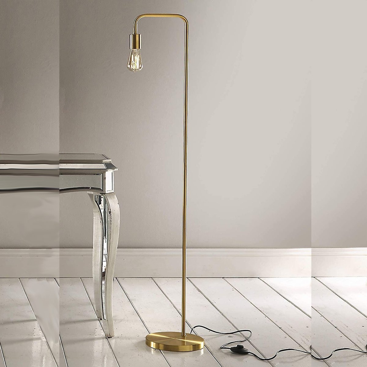 Industrial Style Curved Metal Floor Lamp Satin Brass – By CGC Interiors