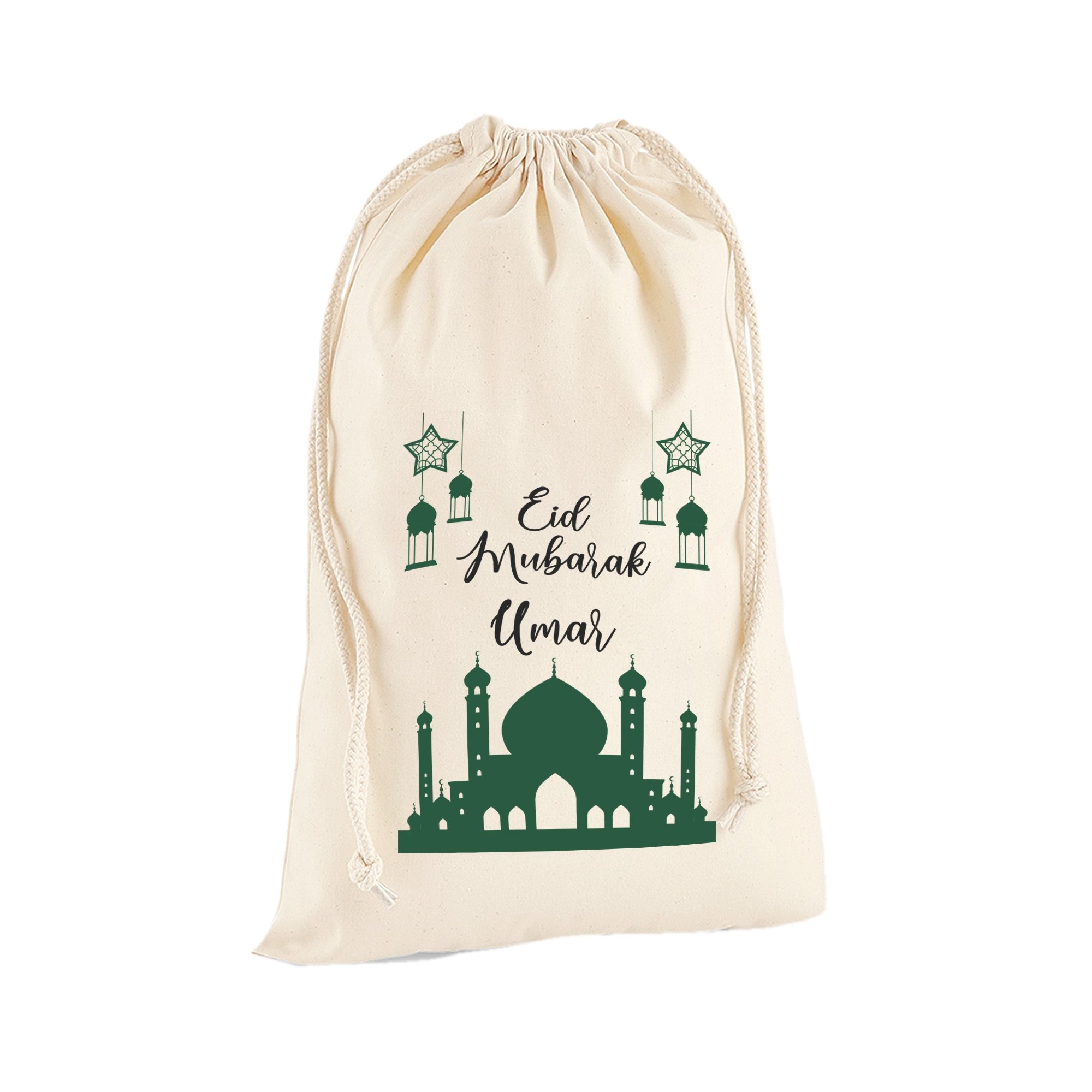 Personalised Name Happy Eid Mubarak Ramadan Arabic Islamic Sack Bag, M – (40cm x 61cm) / Natural – Ai Printing