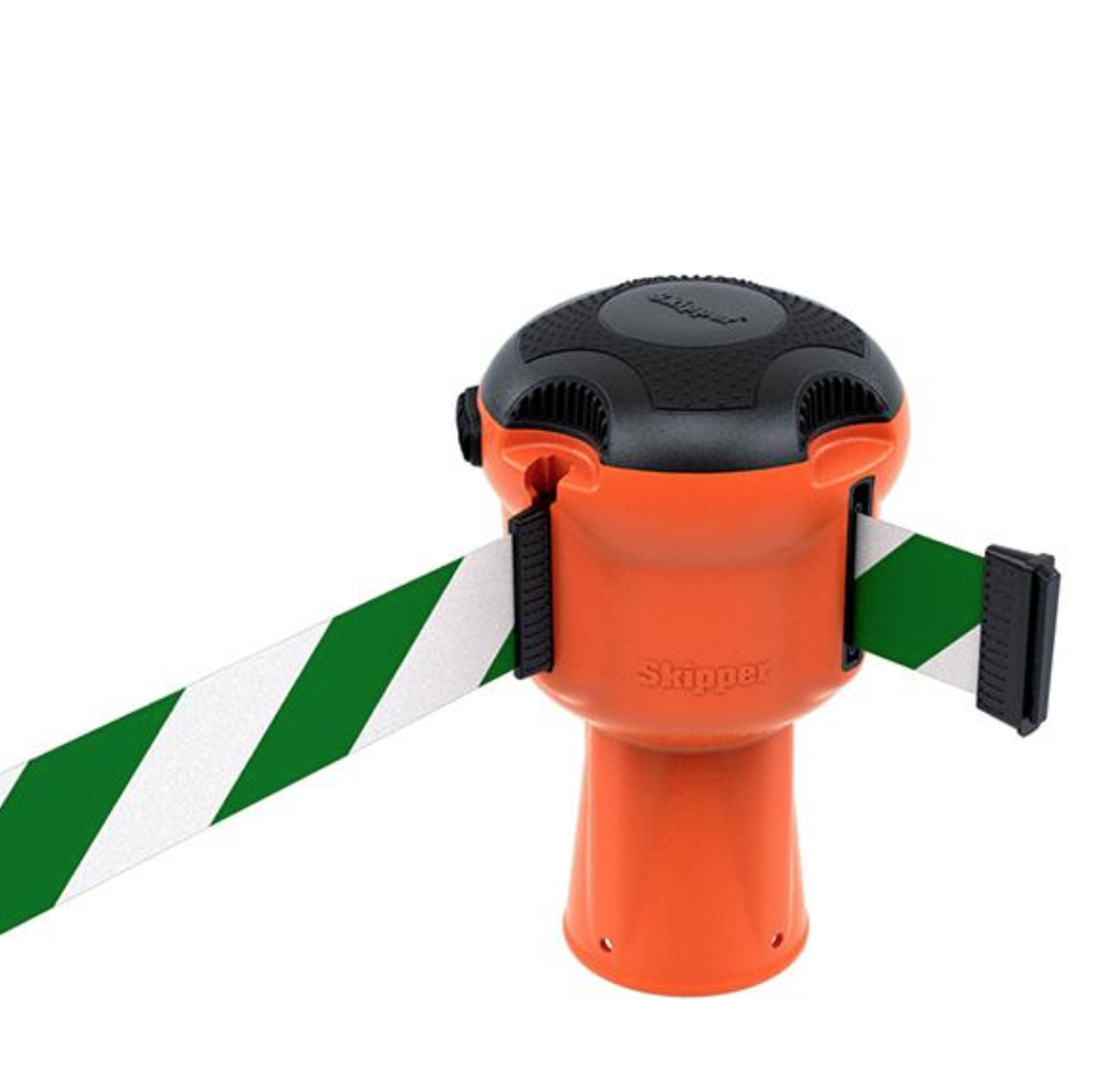 Skipper™ Barrier – 9 Metre Tape – Orange Green / White Chevron Street Solutions UK