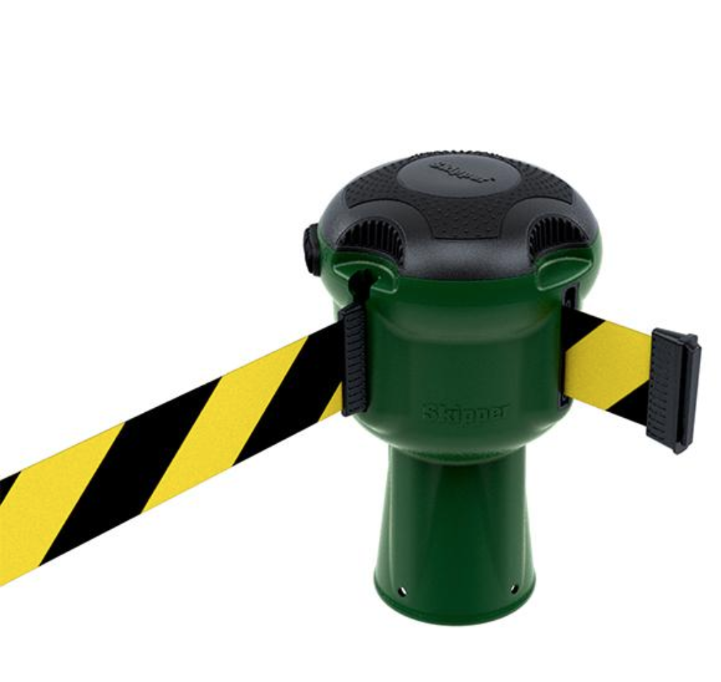 Skipper™ Barrier – 9 Metre Tape – Green Black / Yellow Cheveron Street Solutions UK