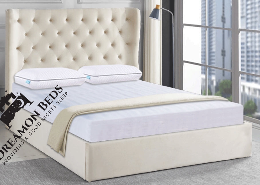 Warrington Wingback Bed Frame Available With Ottoman Or Divan Storage – Endless Customisation – Choice Of 25 Colours & Materials – Dreamon Beds