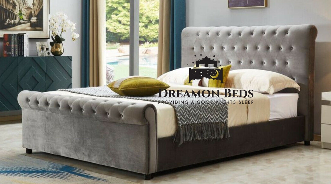 Melbourne Scroll Sleigh Bed Frame – Endless Customisation – Choice Of 25 Colours & Materials – Dreamon Beds