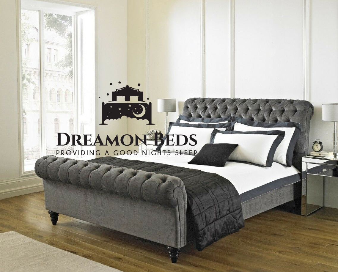 Berlin Scroll Sleigh Bed Frame – Endless Customisation – Choice Of 25 Colours & Materials – Dreamon Beds