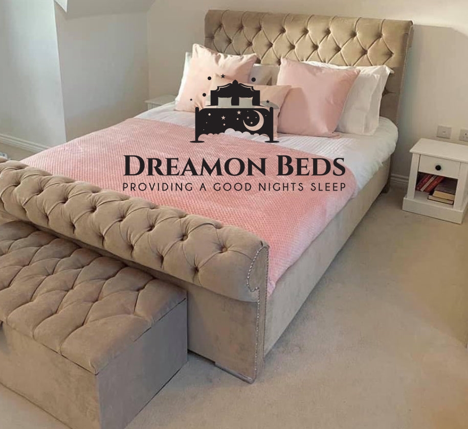 Santander Scroll Sleigh Bed Frame – Endless Customisation – Choice Of 25 Colours & Materials – Dreamon Beds