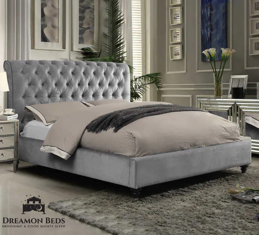 Vera Scroll Bed Frame – Endless Customisation – Choice Of 25 Colours & Materials – Dreamon Beds