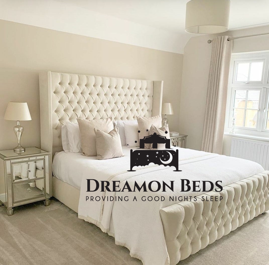 Cannes Wingback Bed Frame Available with Ottoman or Divan Storage – (D#79CA8U6) – Endless Customisation – Choice Of 25 Colours & Materials – Dreamon