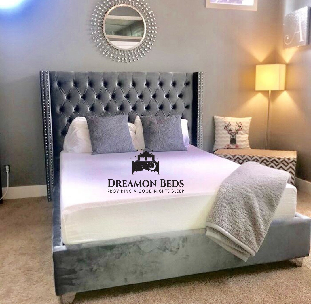 Calvin Wingback Bed Frame Available With Ottoman Or Divan Storage – Choice Of 25 Colours With Varying Materials – Dreamon Beds