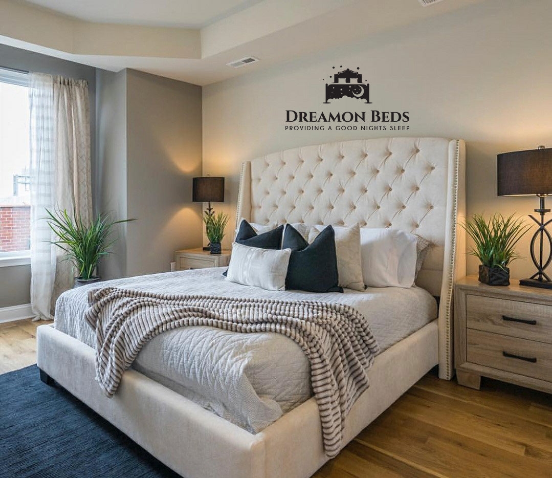 Louis Wingback Bed Frame Available With Ottoman Or Divan Storage – Choice Of 25 Colours With Varying Materials – Dreamon Beds