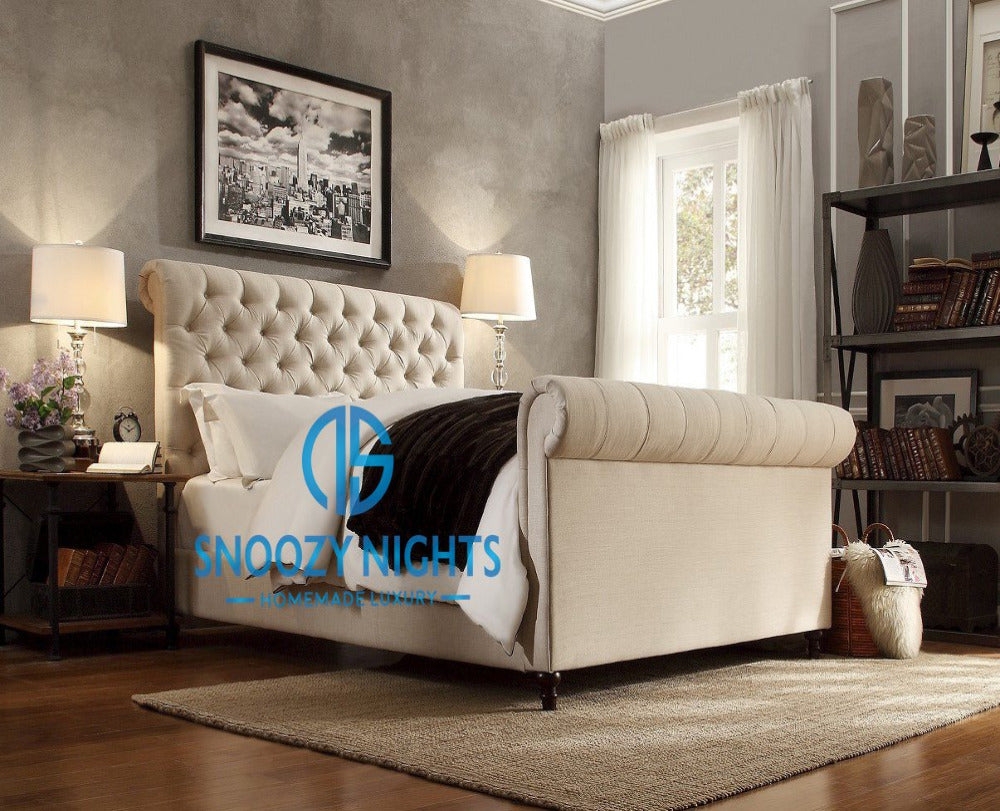 Danique Scroll Sleigh Chesterfield Bed Frame – Snoozy Nights