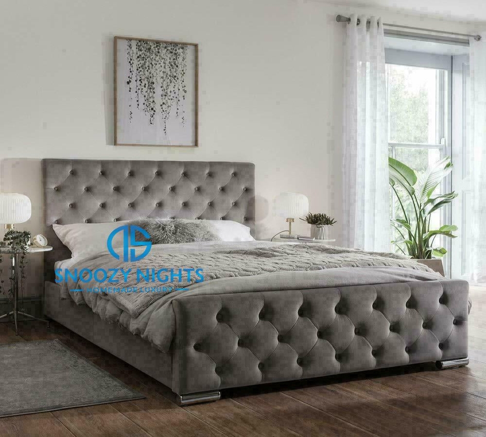 Alicia Buttoned Sleigh Chesterfield Bed Frame Available with Storage Options – (D#1MM47WP) – Snoozy Nights