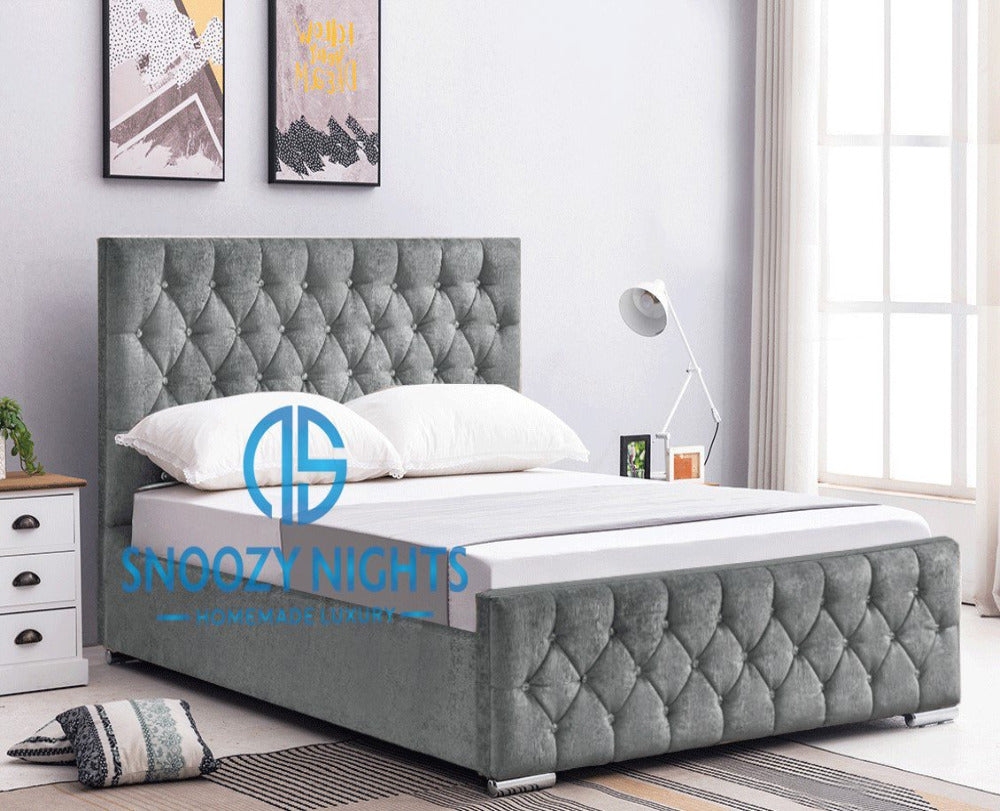 Diana Buttoned Sleigh Chesterfield Bed Frame Available with Storage Options – Snoozy Nights