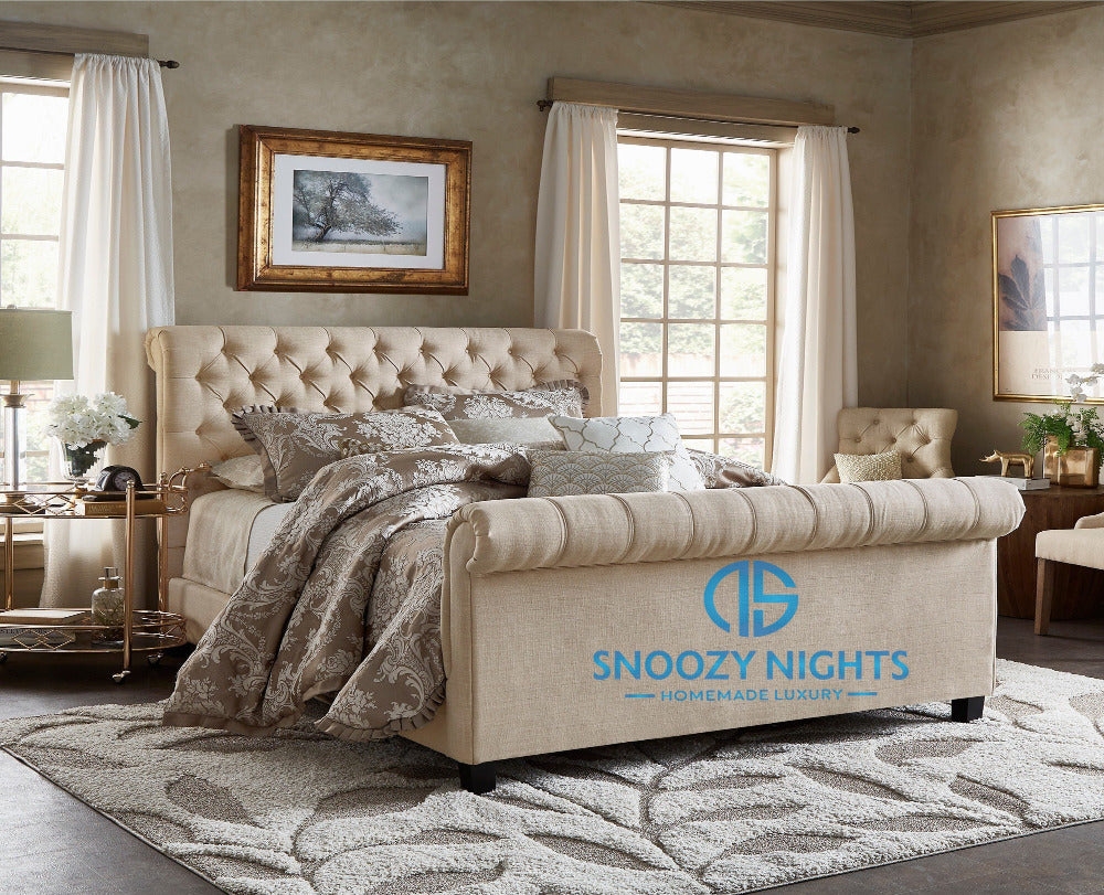 Mila Scroll Sleigh Chesterfield Bed Frame – Snoozy Nights
