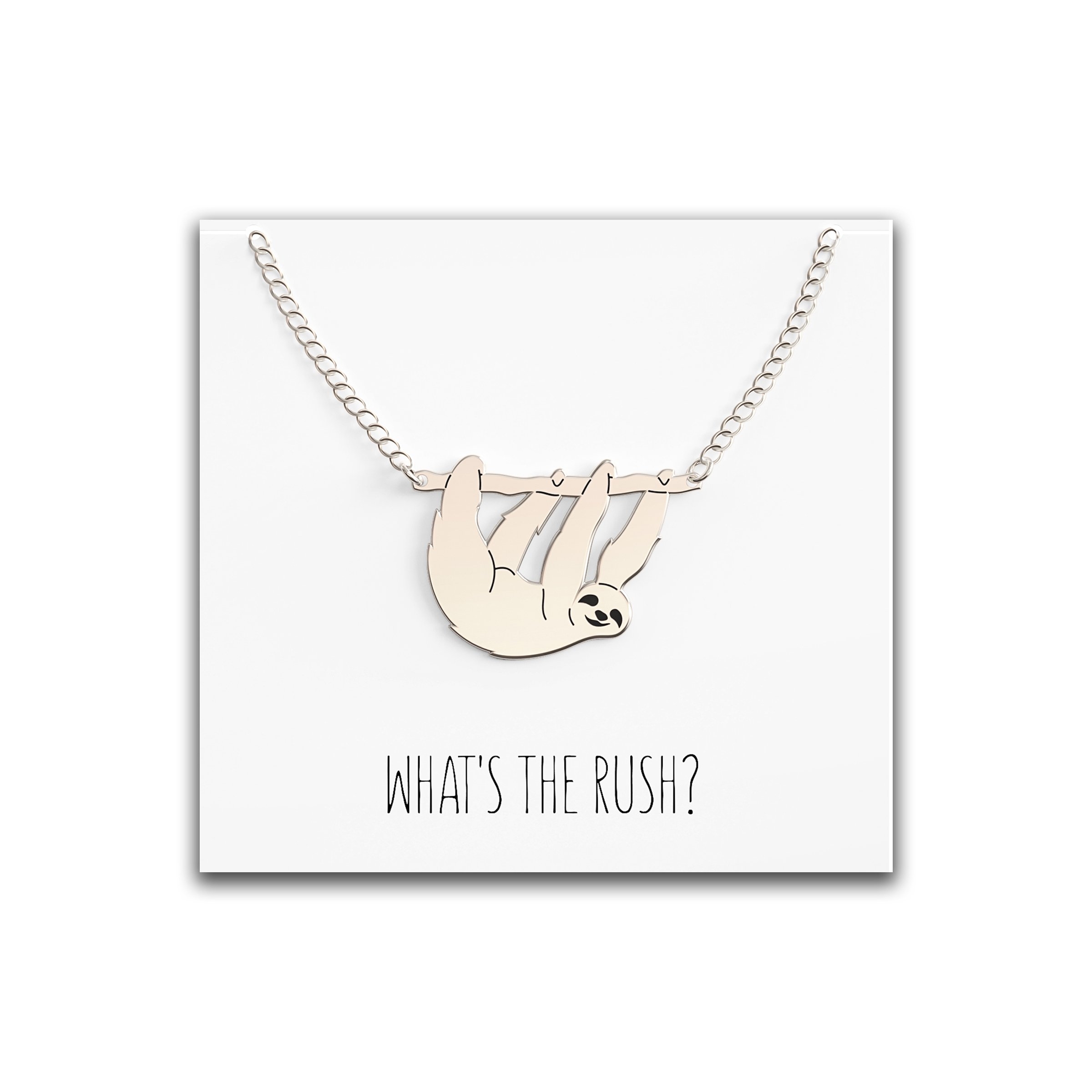 Sloth Necklace Charm – Cute Animal Pendant Jewelry – “What’s The Rush” Silver – Happy Kisses