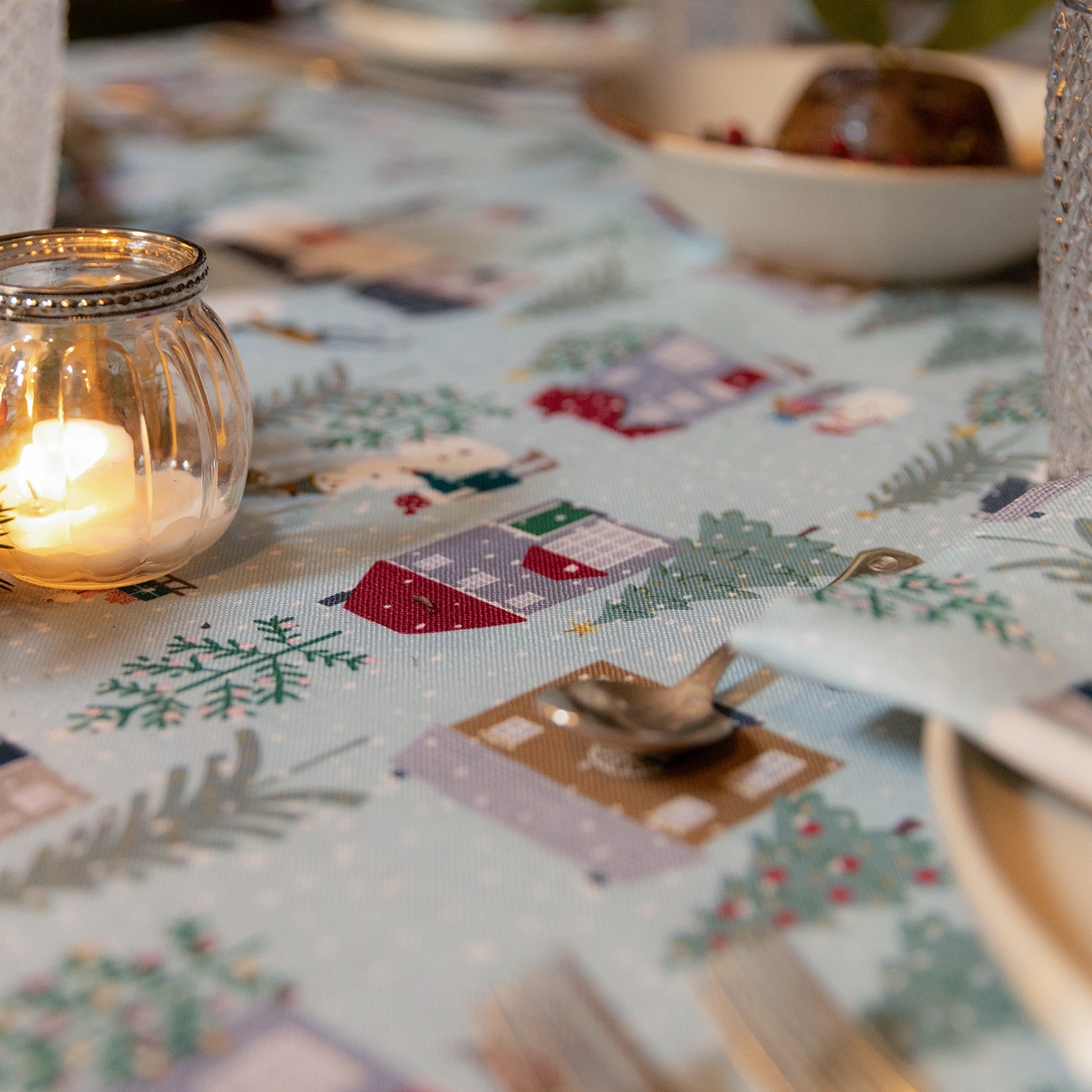 Celina Digby Luxury Christmas Linen-Like Tablecloth – Snowy Day AVAILABLE IN 6 SIZES 250cm x 140cm