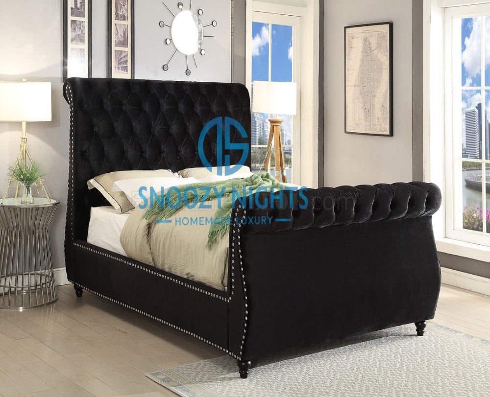 Naomi Swan Studded Luxury Chesterfield Sleigh Bed Frame – Snoozy Nights