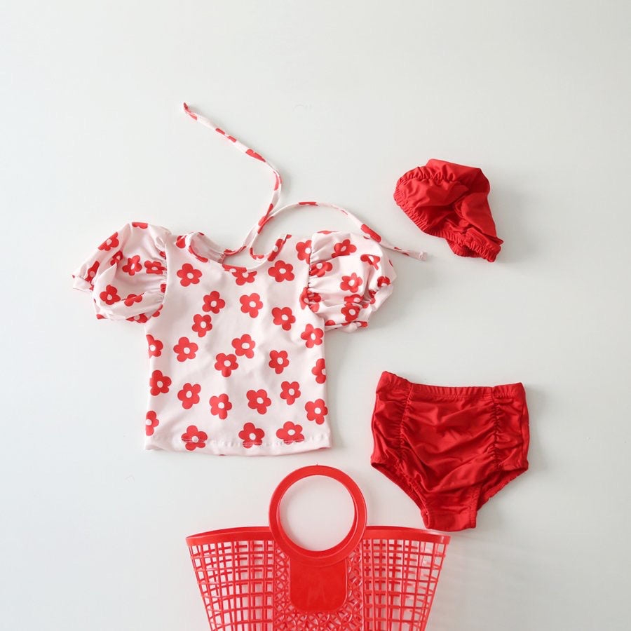 Red Flower Swimsuit Cap & Bag, XS – 3 – 4 years – Pippeta