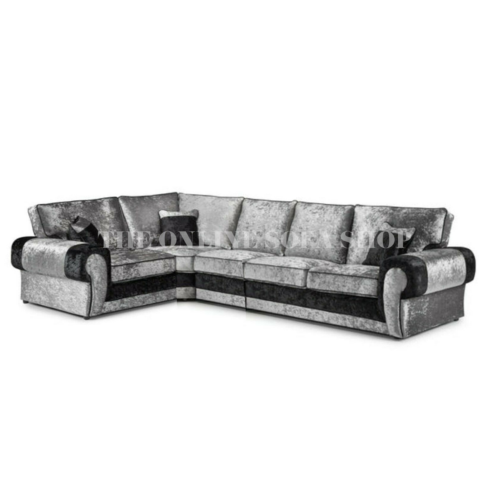 Chelsea Crushed Velvet Long 5 Seater Corner Sofa – Black and Silver – Left Hand Facing – The Online Sofa Shop