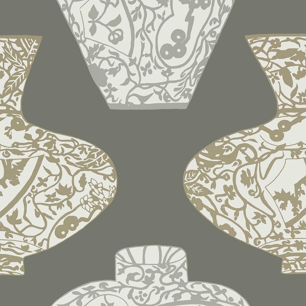 Thibaut – Summer House Imari Vase T13127 Wallpaper – Olive Green / Grey / Dark Grey – Non-Woven – 68.58cm